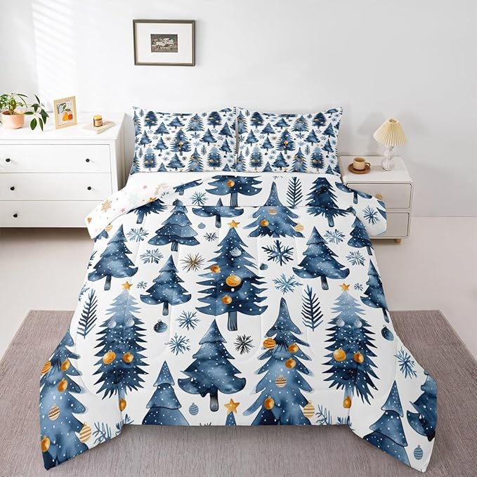 Feelyou Christmas Kids Comforter Set Full Size Xmas Tree Bedding Set Snowflake Duvet Quilt for Kids Boys Girls Bedroom Watercolor Blue Decor Microfiber Ultra Soft Breathable
