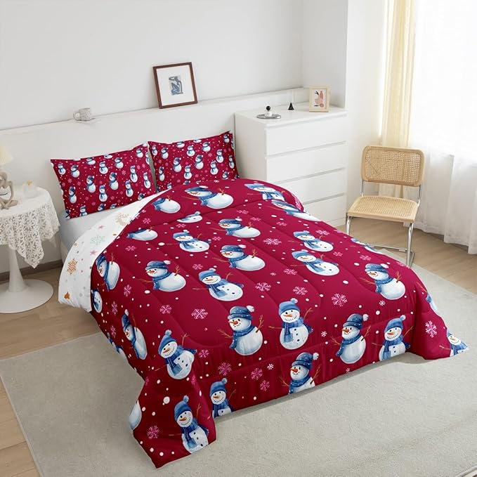 jejeloiu Kids Cute Winter Snowman Comforter Set Queen Size Red Christmas Theme Bedding Set for Boys Girls Teens Xmas Snowflake Happy New Year Duvet Quilt Room Decor