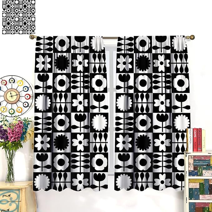 Mid Century Geometric Floral Curtains,Vintage 70s Window Treatments for Boys Girls Kids Bedroom Curtains,Boho Black and White Floral Curtains 52"" W X 84"" L, Style-10