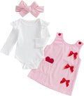 FIOMVA My First Valentines Day Outfit Clothes Baby Girl Romper Love Onesie Heart Embroidery Overalls Suspender Dress Set