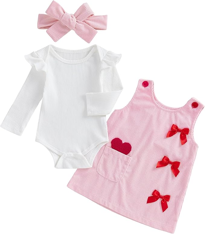 FIOMVA My First Valentines Day Outfit Clothes Baby Girl Romper Love Onesie Heart Embroidery Overalls Suspender Dress Set