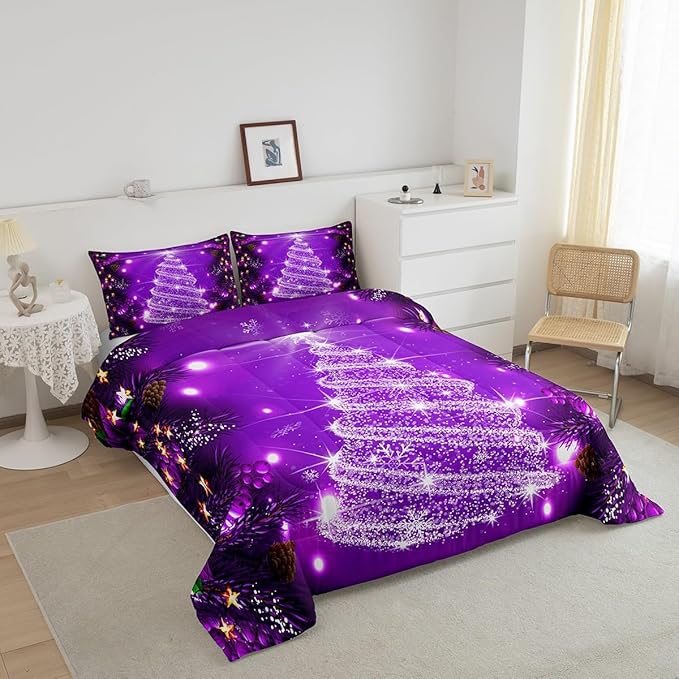 Feelyou Kids Merry Christmas Decorations Comforter Set, Kids Santa Tree Bedding Set Full Size for Boys Girls Teens Xmas Christmas Bell Decor Comforter Glitter Purple Quilt Set