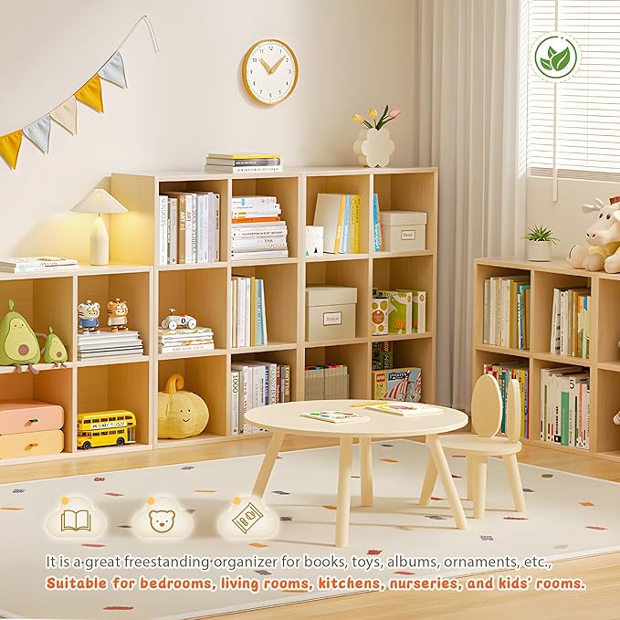 6 Cube Storage Organizer, Cubby Storage Organizer, Cube Shelf with Back Plate, Wooden Kids Bookcase for Toy, Solid Wood Cube Storage for Living Room/Bedroom/Hallway/School, Easy to Install