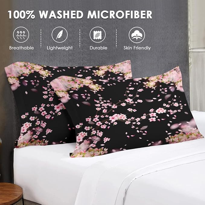 7 Pcs King Size Comforter Set with 2 Pillowcases & 2 Shams, Tree Flower Floral Bedding for Kids and Adults, Pink Cherry Blossom Bed in a Bag with Flat Fitted Sheet