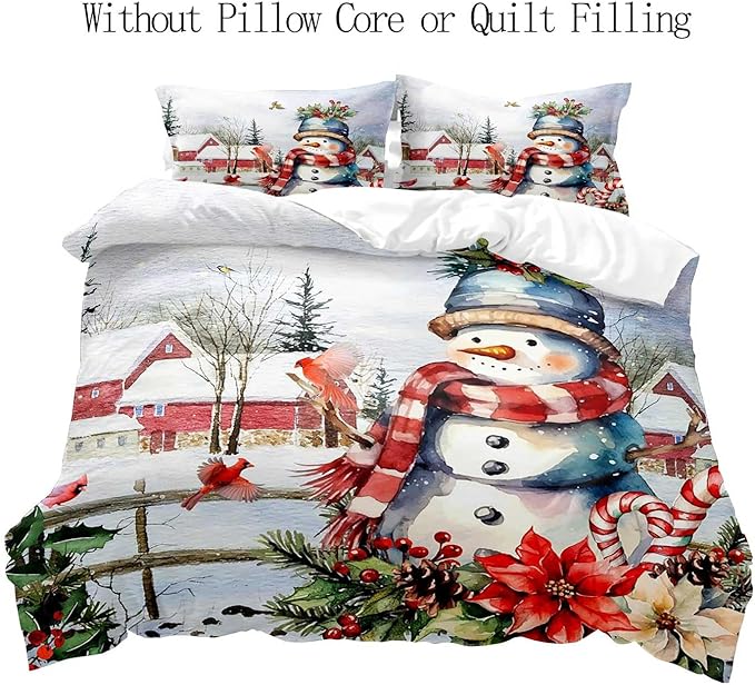 LUVIVIHOME 3PCS Cute Snowman Duvet Cover Queen Bedding Sets, Christmas Bedding, Red Bird Cardinal Poinsettia Winter Holiday New Year Xmas Gifts Christmas Comforter Bedspread Quilt Cover 2 Pillow Shams