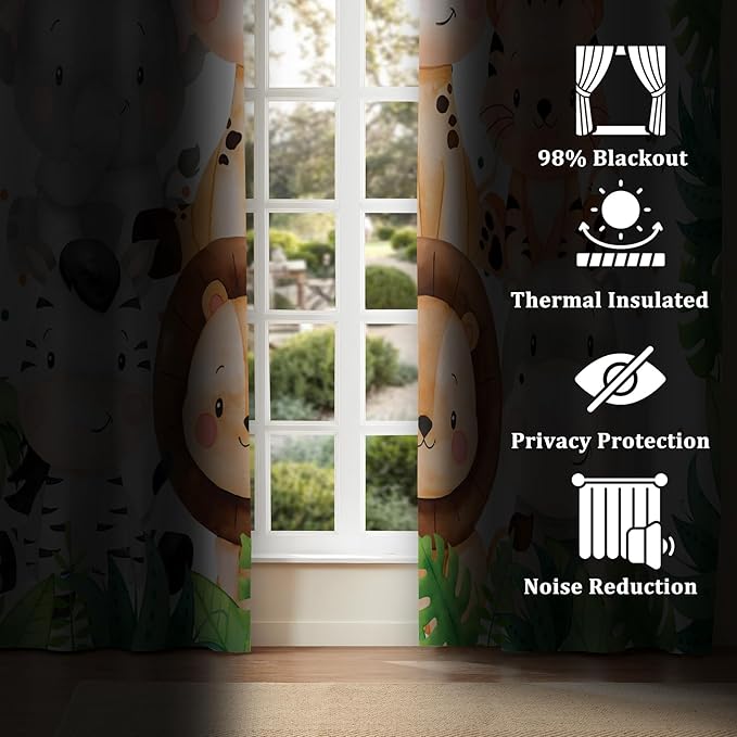 Renaiss 42 x 63 Inch Safari Animal Blackout Curtains for Kids Bedroom Tropical Rainforest Lions Tigers Elephants Giraffes African Jungle Plant Print Curtain Drapes for Baby Nursery Room Decor 2 Panels