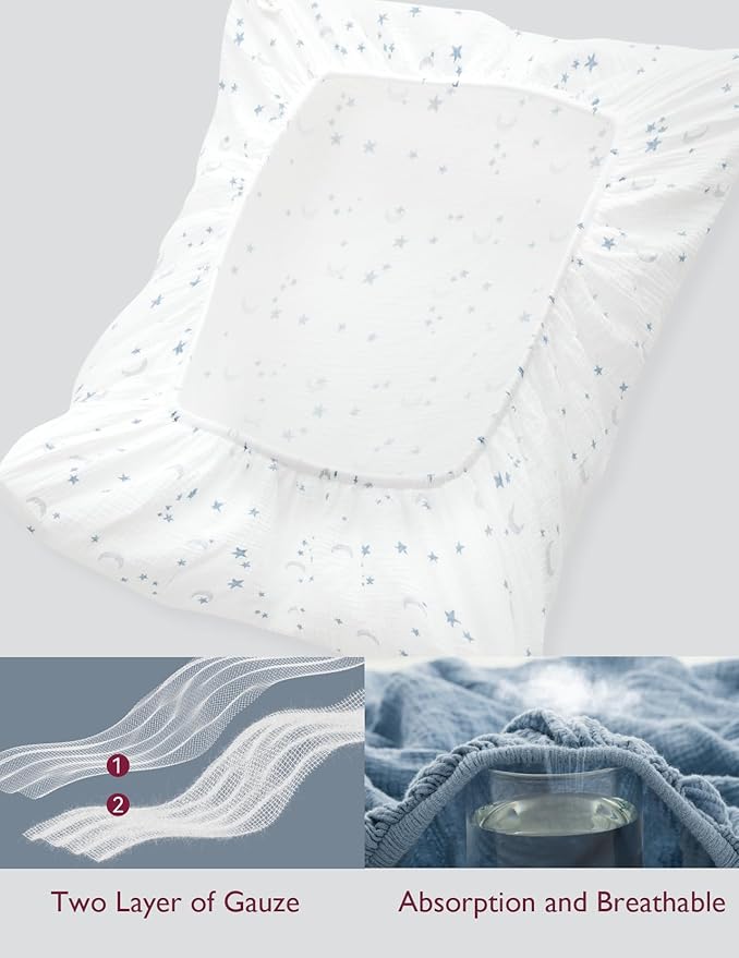Momcozy Muslin Mini Crib Sheets Fitted - 38''x26'' Pack and Play Sheets for Pack N Play Mattress, 2 Pack Soft & Breathable Natural Cotton Non Slip Bed Cover for Boys, Girls, Blue Star Moon