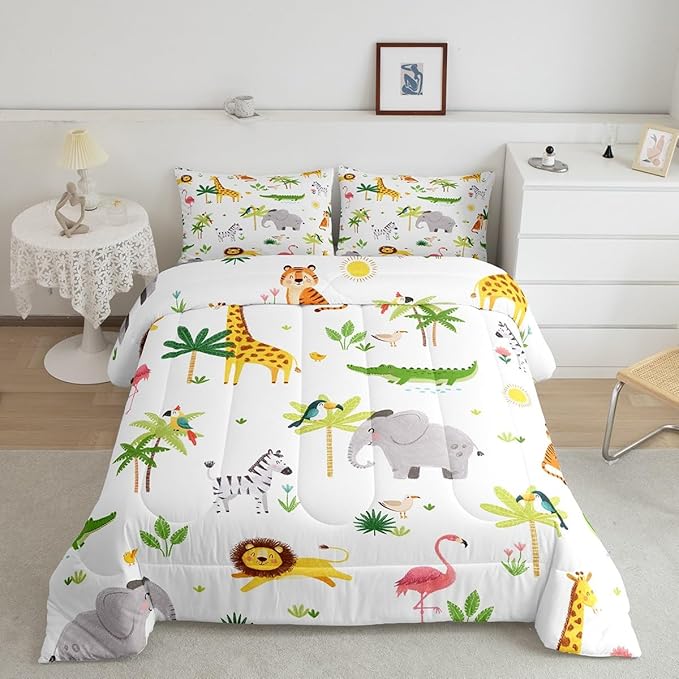 Feelyou Kids Safari Animal Bedding Set Twin, Nursery Baby Boy Cartoon Lion Jungle Comforter Set Woodland Forest Wildlife Comforter for Kids Boys Girls Kawaii Flamingo Duvet Set 2Pcs