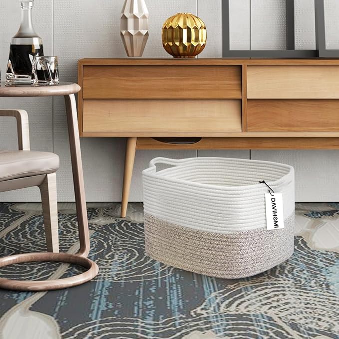 Square Woven Cotton Rope Basket for Organizing, Gift Baskets for Handles, Empty Gift Baskets, Toy Basket for bins|13.5" x 11" x 9.5" home decor for Living Room, Bathroom（White Brown）