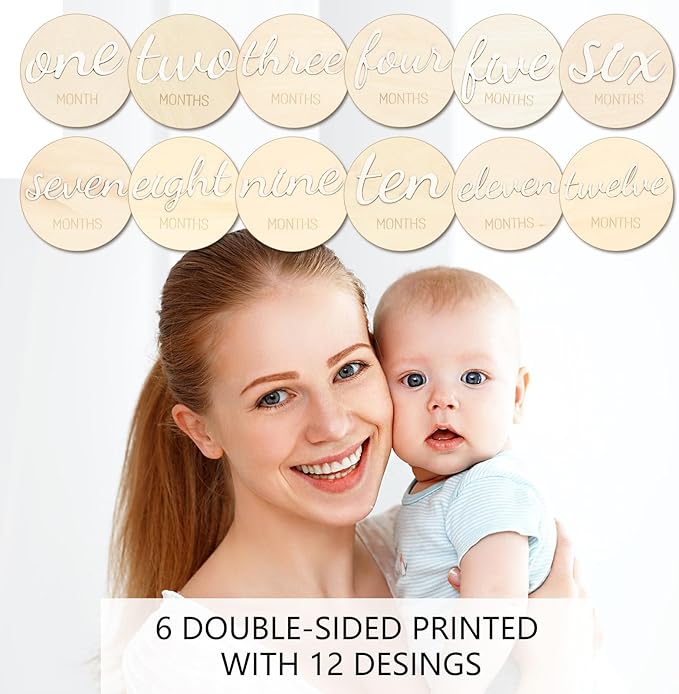 Baby Monthly Milestone Marker Discs - Wooden 3D Double-Sided Baby Announcement Sign, Gender Neutral Announcement Cards for Newborn Boys and Girls 1-12 Months Photography Props