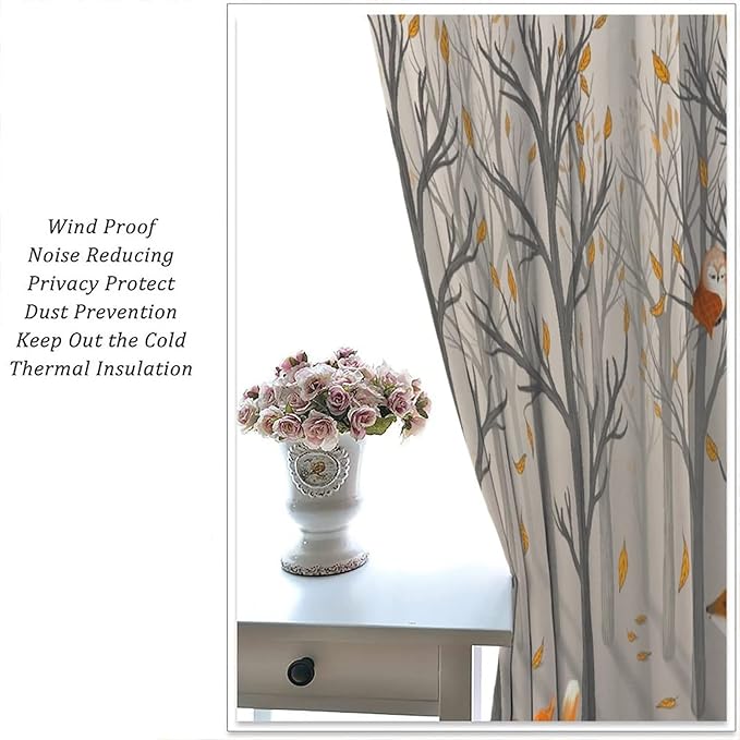 Kids Woodland Animal Window Curtains, Autumn Forest Hedgehog Rabbits Squirrel Fox Birds Blackout Rod Pocket Treatments Drapes for Boys Girls Bedroom 42x45in
