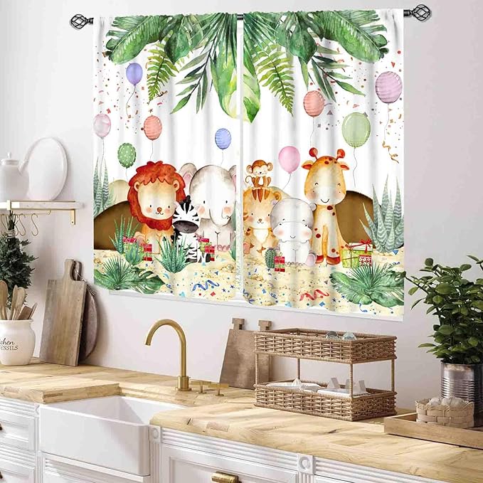 Jungle Safari Animals Curtains, Cartoon Animals Lion Giraffe Elephant Woodland Tropical Leaf Green Window Drapery for Kids Boys Girls Baby Living Room Bedroom Nursery 2 Panels, 55x39 Inch