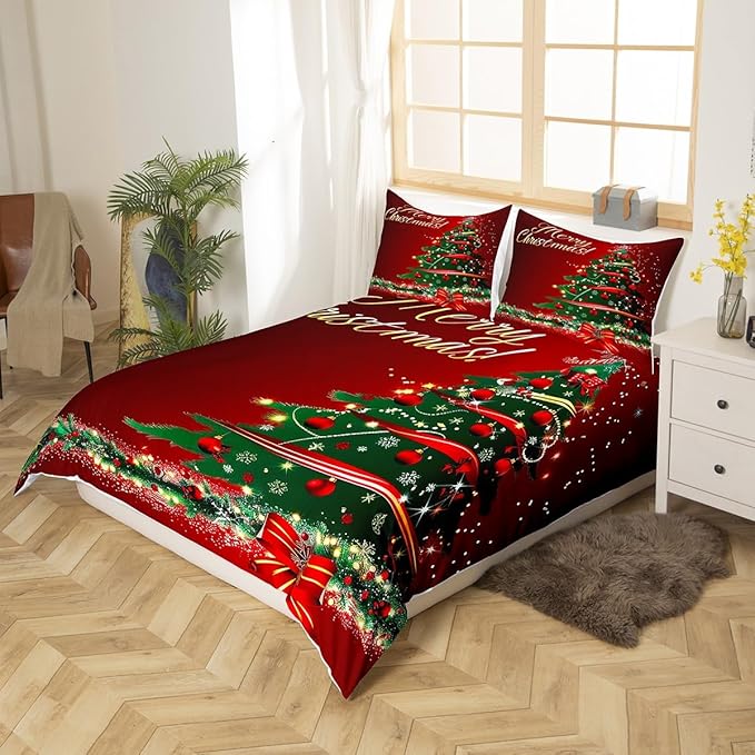 Christmas Tree Duvet Cover Set Full Size Fir Tree Branches and Deer Print Bedding Set 3pcs for Kids Girls New Year Theme Comforter Cover Merry Christmas Red Quilt Cover with 2 Pillowcases,No Comforter