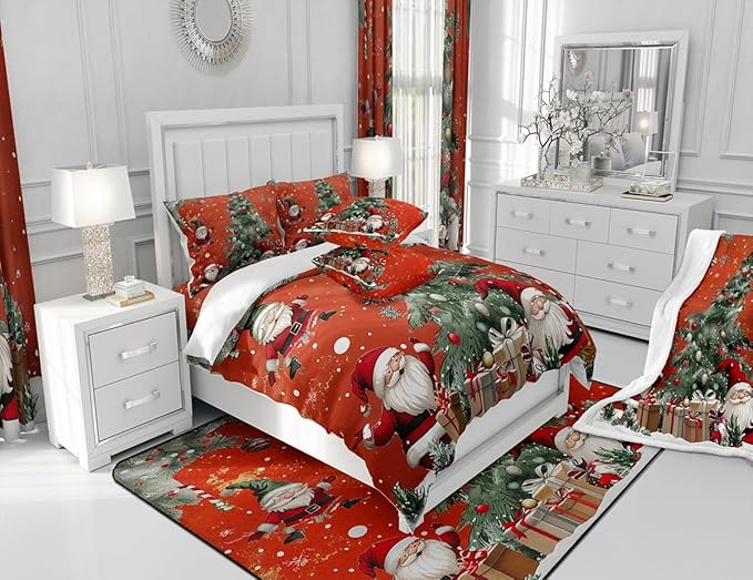 Christmas Theme Comforter Set Queen Size,Snowflake Christmas Tree Bedding Set for Kids Teens Adults Room Decor,Santa Claus Red Duvet Insert 3Pcs,X'mas Star Polka Dot Glitter Quilt Set,2 Pillowcases