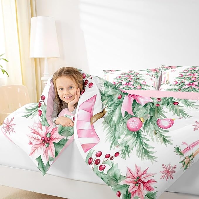 Feelyou Pink Christmas Comforter Set King Size Xmas Tree Bedding Set for Kids Boys Girls Xmas Ornaments Duvet Quilt Snowflake Bow Bedroom Decor Microfiber 3 Pcs with 2 Pillow Cases