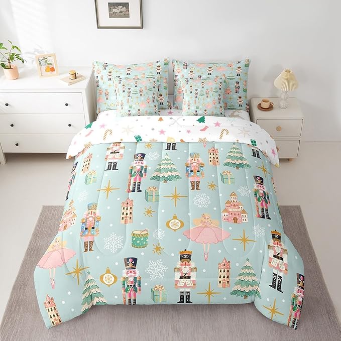 Erosebridal 7Pcs Green Christmas Comforter Set Queen,Xmas Tree Nutcracker Bedding Set,Pink Princess Bed in A Bag for Girls Women,Winter Xmas Holiday Christmas Ornaments Quilt with Flat Fitted Sheet