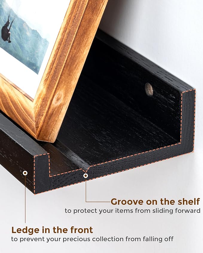 Axeman Oak Picture Ledge Shelf, 72 Inch Floating Shelves Set of 2, Solid Oak Wood Wall Shelves with Lip, Wall Decor Storage for Bedroom Living Room Bathroom Kitchen Nursery Photo Picture, Black
