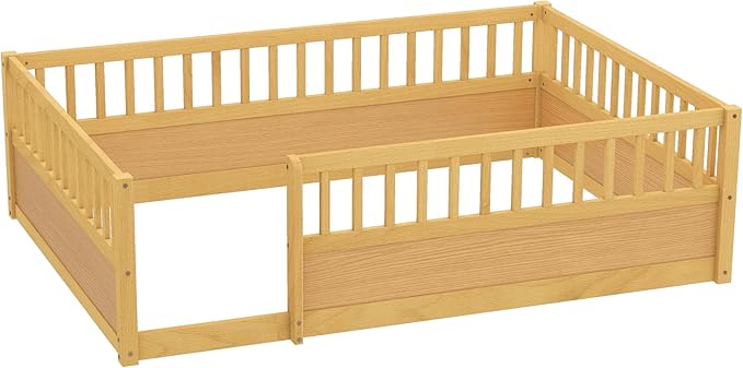 Kids Montessori Floor Bed,Full Size Floor Bed with High Fence and Door,Full Bed Frame with Guardrails for Kids,Girls,Boys,Full,Natural