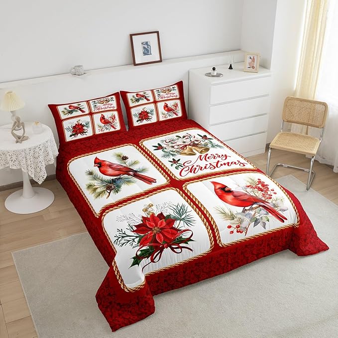 Castle Fairy Christmas Full Size Comforter Set,Xmas Cardinals Floral Bells Checkered Bedding Comforters Bedroom Collection,Cute Bird Watercolor Red Geometric Bedding Set for Girls Teens