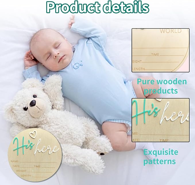 Baby Announcement Sign, 5.9 Inch Wooden Hello World Newborn Signs, Birth Announcement Sign, Gender Reveal Signs, He's here Decoration, Welcome Newborn Arrival To World, Hospital Nursery for Baby (Green He's)