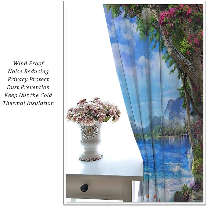 Spring Jungle Waterfall Blackout Window Curtains, Tropical Rainforest Floral Tree Waterfall Landscape Print Window Drapes, for Living Room Bedroom 63x72in 2 Panels