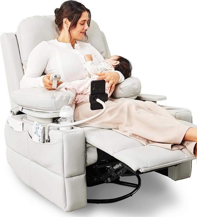 MAMAZING Oversized Rocking Chair Nursery with Adjustable Armrests, Electric Glider Recliner Nursing Chair for Breastfeeding, Power Swivel Recliner Chairs, Oeko-TEX & FSC Certified (Off White)