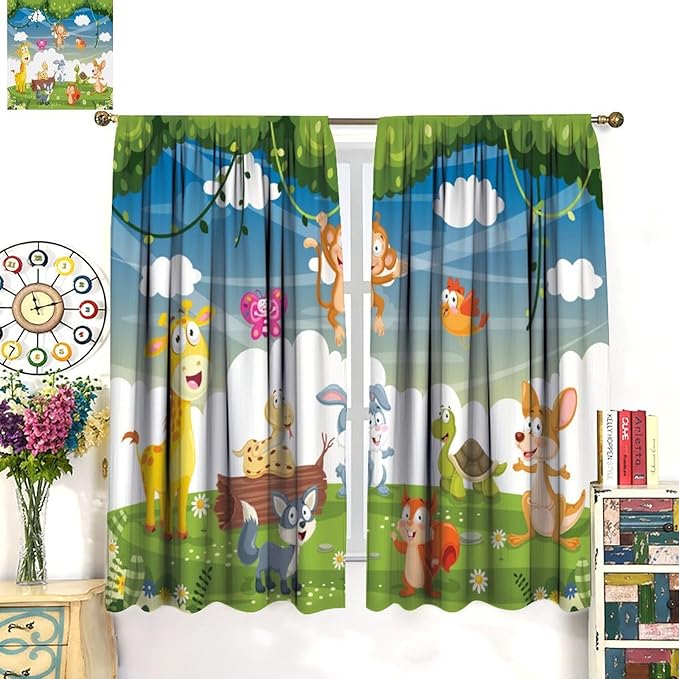 Animal Curtains, Cartoon Cute Woodland Jungle Forest Animals Pattern Blackout Window Treatments, Rod Pocket Thermal Insulated Drapes 2 Panel Sets for Kids Nursery Bedroom Classroom, 55" W X 63" L