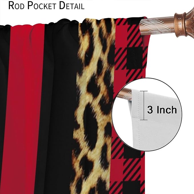 Leopard Skin Blackout Window Curtains, Brown Cheetah Red Black Plaid Stripe Print Window Drapes for Kids Boy Girls Bedroom Living Room 72" W X 63" L