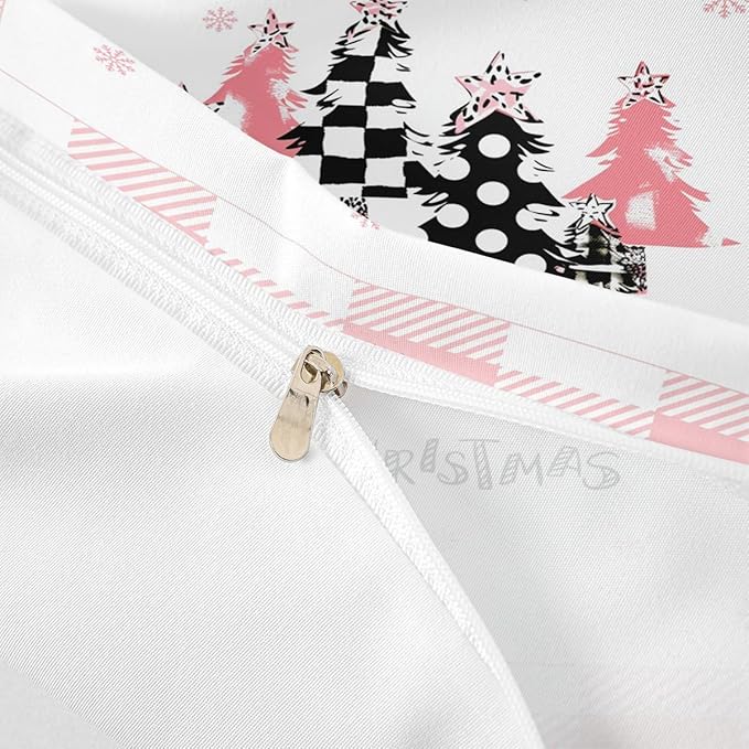 Merry Christmas Duvet Cover Set Full Size, Pink Plaid Xmas Trees Bedding Set 3pcs, New Year Holiday Quilt Cover with Zipper Closures, Kids Girls Santa Claus Room Decor, 2 Pillowcases, No Comforter