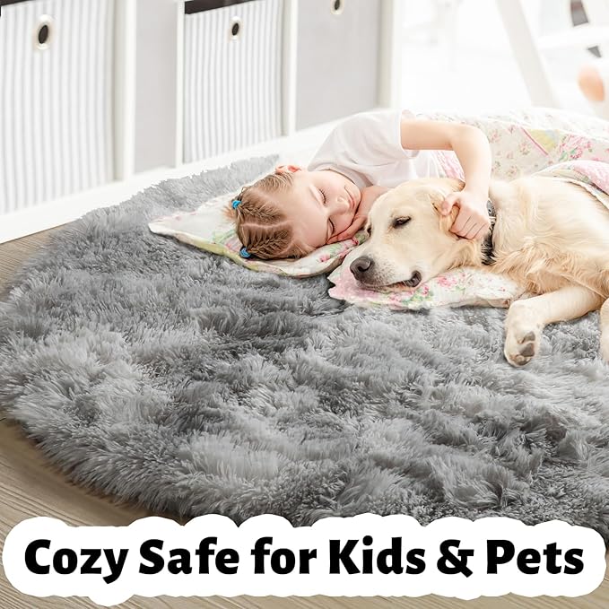 Amdrebio Tie-Dyed Light Grey Round Area Rug 4Ft for Bedroom Living Room, Soft Fluffy Circle Circular Rugs for Kids Room, Home Office Decor, Modern Floor Shag Fuzzy Farmhouse Gray Carpet for Teen Boys