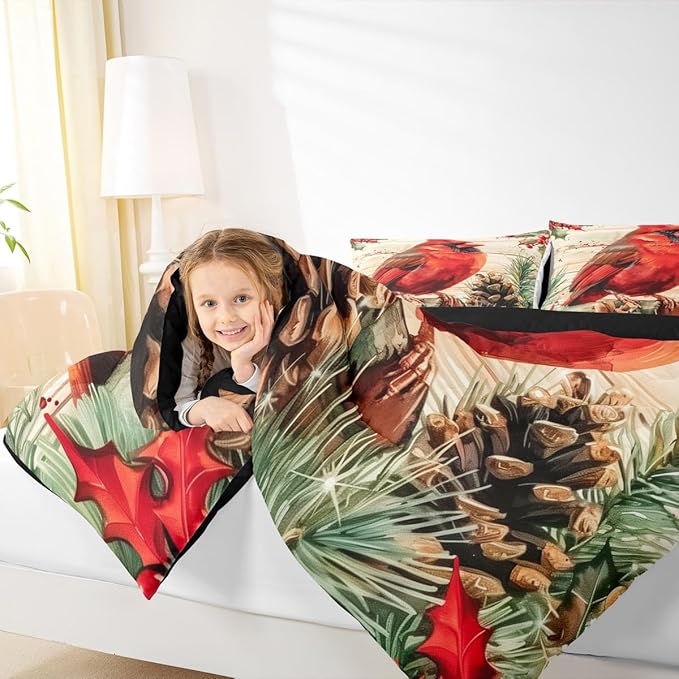 jejeloiu Kids Red Cardinal Comforter Set Queen Size Christmas Theme Bedding Set for Boys Girls Teens Xmas Birds Winter Rustic Wood Plank Animal Duvet Quilt Room Decor
