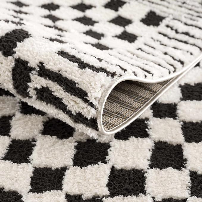 Hauteloom Leryn Contemporary Checkered Area Rug - Modern Geometric Bordered Carpet for Living Room, Bedroom, Dining Room - Checkboard Design - Square Tiles - High Pile - Black and White - 8'10" x 12'