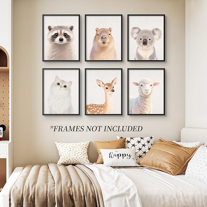 Baby Safari Nursery Wall Decor - Picture Cute Animal Wall Prints on Canvas, Under 20 Dollars Gifts for Baby Boys & Girls Room, UNFRAMED Wall Art Set of 6-8" x 10"