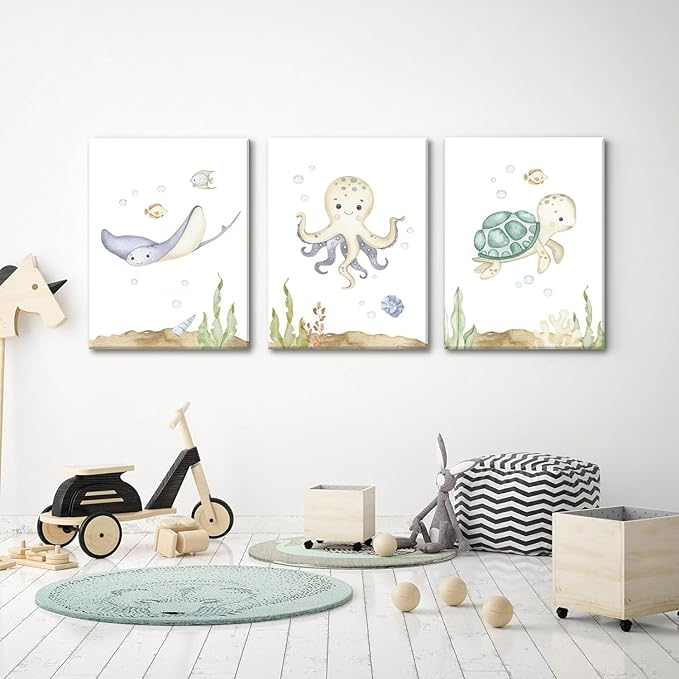 Wodkwq Ocean Nursery Decor, Set of 3, 16x24in Framed Canvas Prints, Under The Sea, Boys Room Sea Animal Wall Art