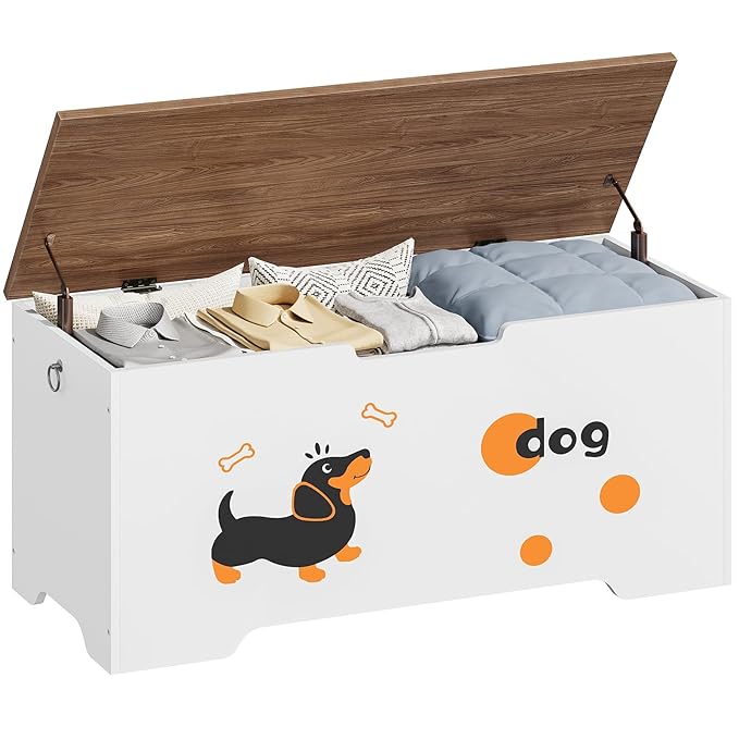 HOOBRO Toy Box, Toy Chest with 2 Safety Hinges, 39.4" Storage Bench, Wooden Storage Chest, for Entryway, Bedroom, Living Room, White and Walnut WH494CW01