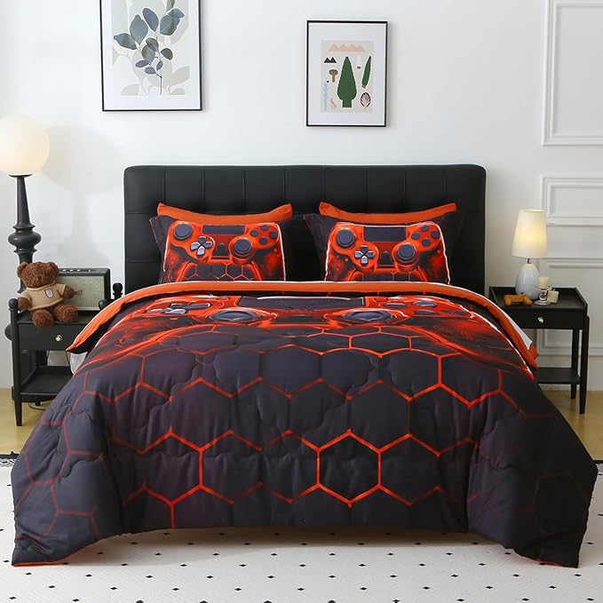 Wajade Game Console Comforter Set for Boys 7 Piece Orange 3D Gaming Geometric Bedding Sets for Kids Queen Size as Birthday with Comforter, Sheet Set, Pillowcase and Sham