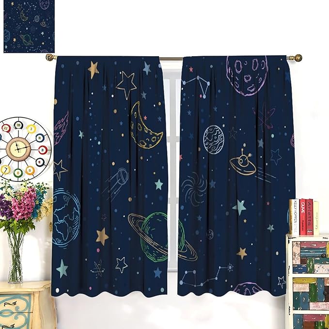 Navy Blue Space Curtains, Cartoon Outer Space Stars Planets Theme Galaxy Curtains for Kids Teens Bedroom Nursery Toddlers Room 55" W X 63" L