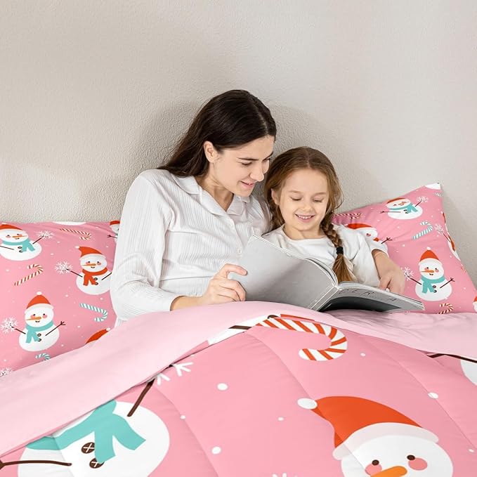 Feelyou Pink Christmas Bedding Set Soft for Boys Girls, Snowman Comforter Set Full Size Snowflake Duvet Quilt Microfiber Candy Cane Bedroom Decor 3 Pcs with 2 Pillow Cases