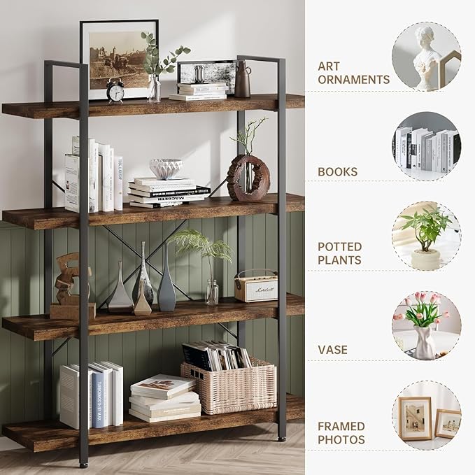 4 Tier Bookcase, 47 Inch Wide Wood Bookshelf, 120lbs Shelf Capacity Estante, Rustic Open Shelving Industrial Display with Reinforced Horizontal Brown Shelves for Living Room Bedroom Office