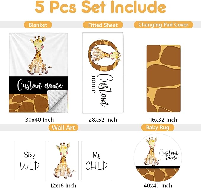 Personalized Crib Bedding Set, 5 Pcs Custom Name Nursery Bedding Sets, Giraff Infant Bedding Set for Boys Girls, Double Layer Flannel Baby Crib Set, Customized Gifts for Babies Toddlers Kids