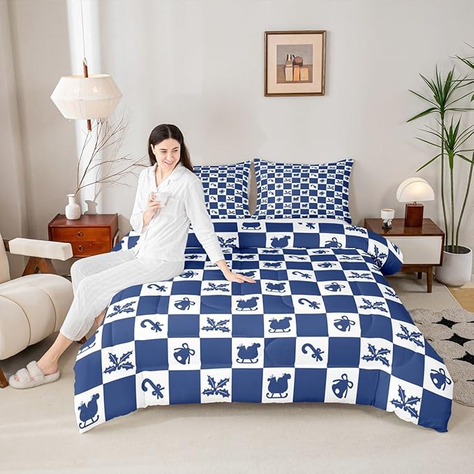 Feelyou Christmas Comforter Set All Season Checkered Pattern Bedding Set with 2 Pillow Cases Holiday Theme Kids Queen Bedclothes Xmas Decor Room Decor Blue Duvet Quilt Breathable Soft Lightweight