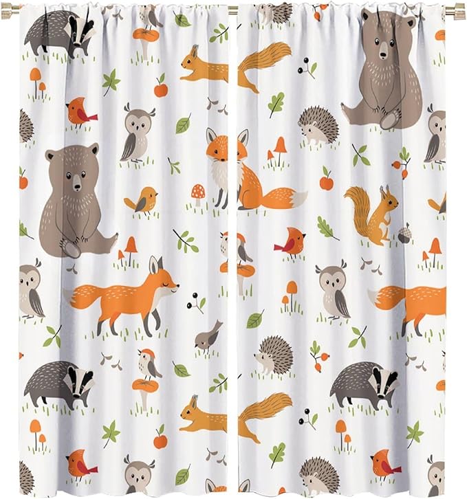 Forest Animal Curtains for Kids, Cartoon Safari Woodland Animals Window Treatments Cute Wild Jungle Bear Fox Deer Bear Window Drapes for Girls Boys Nursery Toddler Bedroom 63x72in