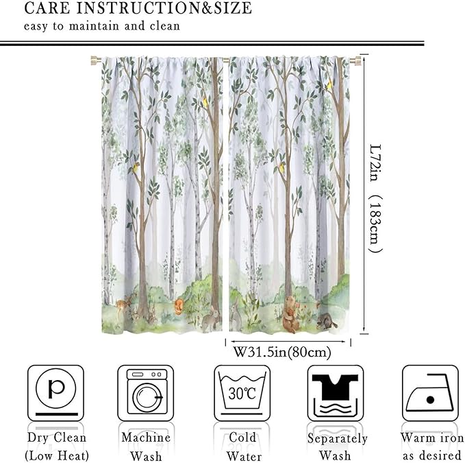 Kids Animal Curtains, Watercolor Natural Forest Animal Hedgehog Fox Butterfly Rabbits Forest Print Curtain Boys and Girl Bedrooms 63x72in