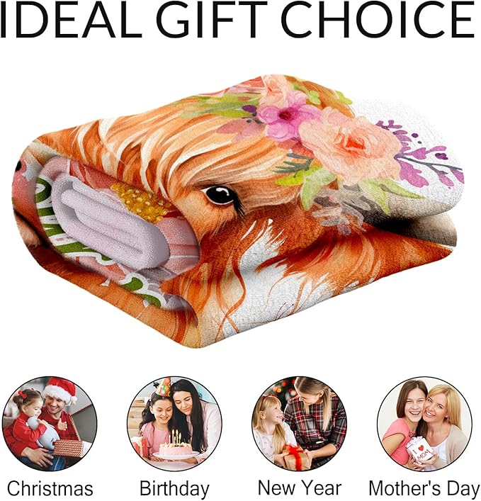 Custom Highland Cow Gifts for Women - 60" x 80" Inches Highland Cow Throw Blanket for Adults - Pink Soft Fuzzy Blankets for Sofa, Bed & Living Room