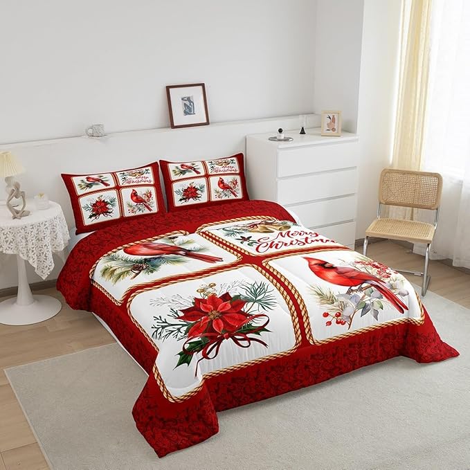Christmas Comforter Set Toddler Size,Xmas Cardinals Floral Bells Checkered Bedding Set for Kids Girls Adult,Cute Bird Rustic Grid Watercolor Red Plaid Geometric Quilted Set with 1 Pillowcase