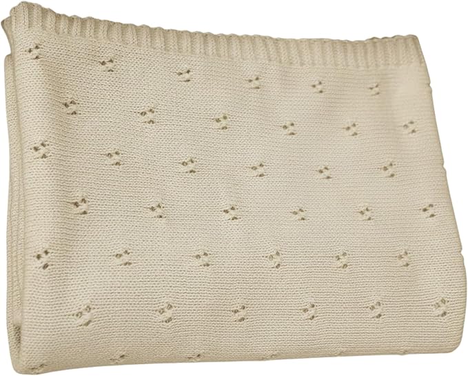 Baby Knit Blanket, 100% Cotton Eyelet Patterns, Soft, Cozy, Lightweight Swaddle for Newborn & Infant Swaddling Beige Neutral, Perfect Baby Shower Ideas Beige 28x36
