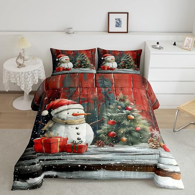 Merry Christmas Comforter Set Twin Size,Snowman Christmas Tree Bedding Set for Kids Boys Girls Room Decor,Snowflake Winter Theme Quilt Set 2Pcs,Retro Rustic Barn Stripes Duvet Insert,1 Pillowcase