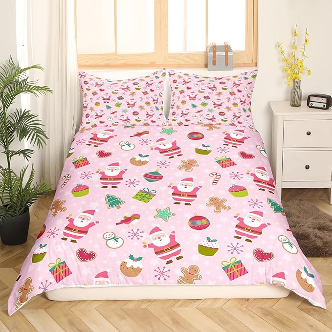 Manfei Christmas Duvet Cover Set Queen Size, Santa Claus Xmas Trees Snowflake Comforter Cover with 2 Pillowcases, New Year Pink Bedding Set 3pcs for Kids Girls Lightweight Bedspread Cover,No Comforter