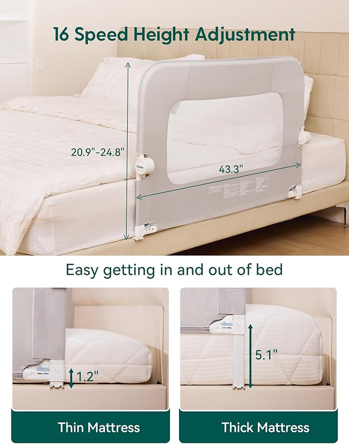 BABELIO Bed Rail for Toddlers, 43" Wide Swing Down & Adjustable Height Toddler Bed Rails for Kids/Elderly/Adults, Baby Side Railing for Twin/Full/Queen/King Size