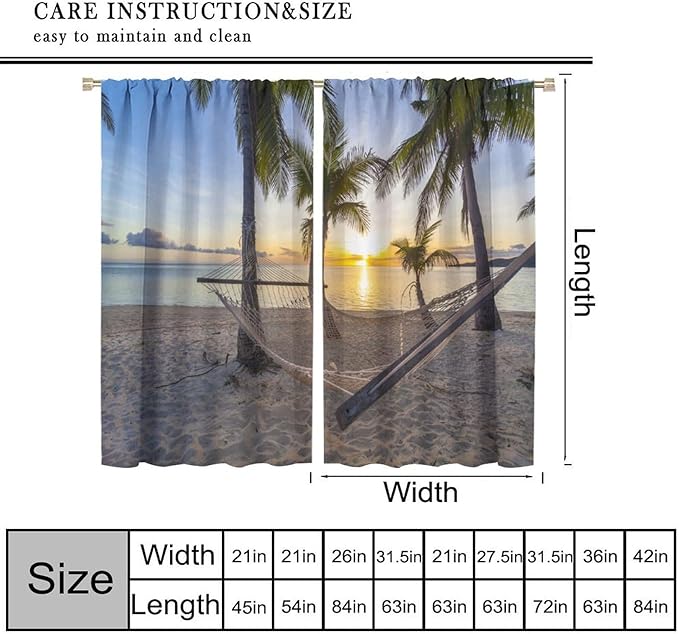 Ocean Beach Curtains,Morning Sunrise Hawaiian Seaside Scene Pattern Blackout Print Home Bedroom Living Room Window Treatments 2 Panel Set 52x84 Inch